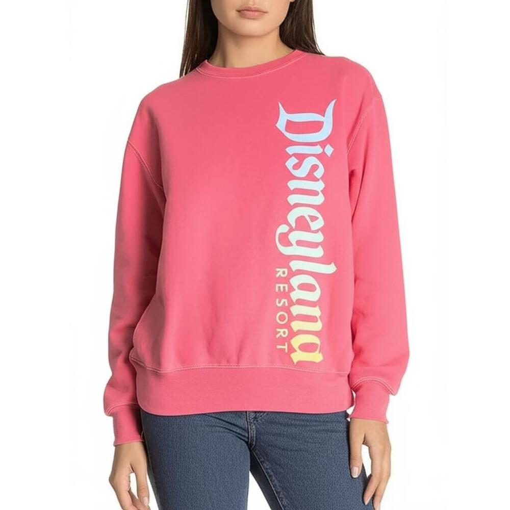 Disney Parks Crewneck Sweatshirt Womens S Pink Disneyland Vertical Logo Theme - Picture 1 of 10